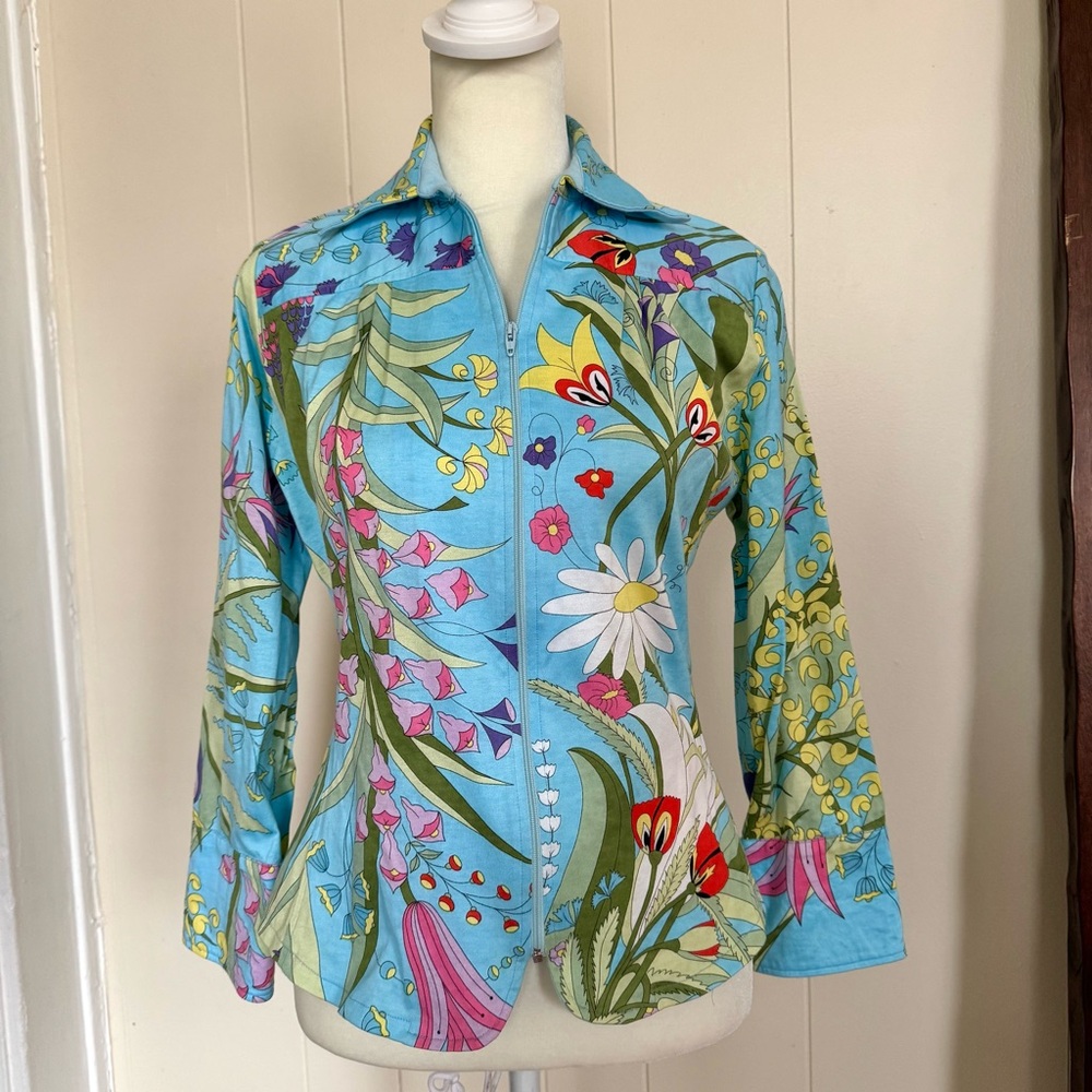 Vintage Delle Celle Floral Print Zip-Up Women's Top Jacket Shaket size 6